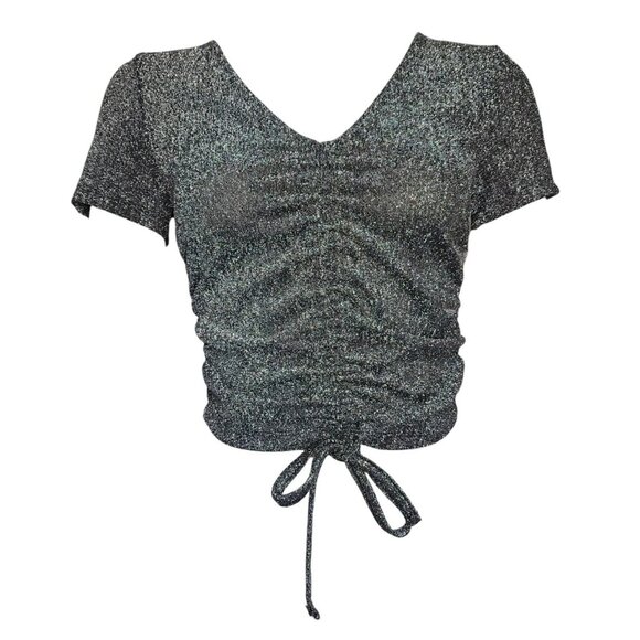 Forever 21 Tops - NWT FOREVER 21 Black Silver Glitter Short Sleeve Ruched Front Top Womens Size L